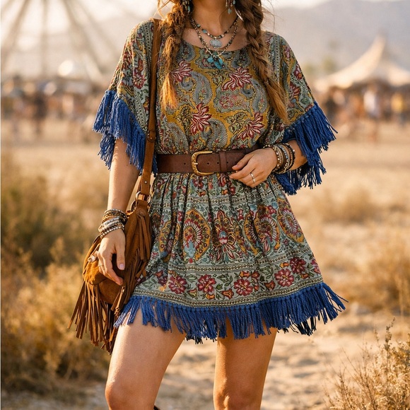 Handmade Dresses & Skirts - Boho Paisley Fringe Tunic Dress Festival Hippie Folk Kimono Tassel Mini OS